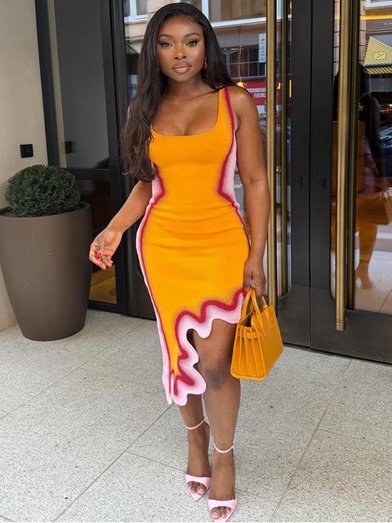 Dresses & Skirts - Women’s One-Shoulder Orange Bodycon Dress with Pink Trim